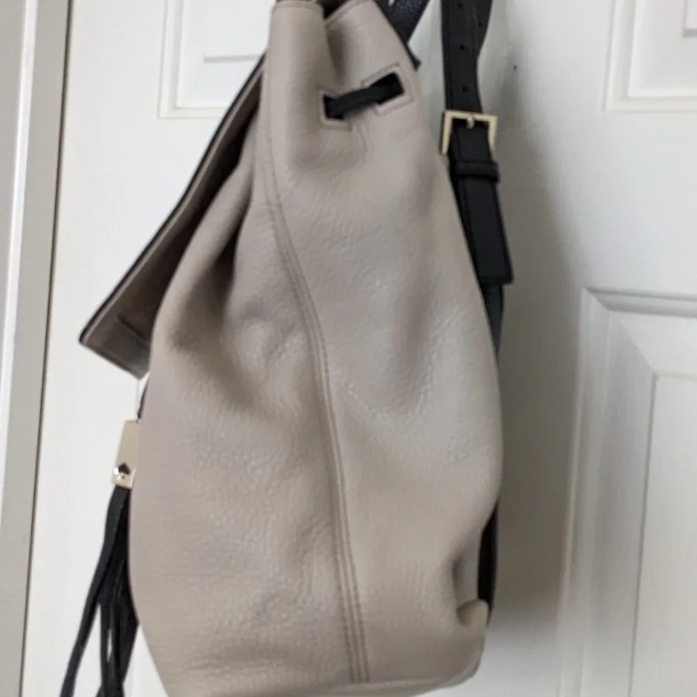 Kate Spade New York Leila Pebble Leather Drawstring Flap Backpack Beige Black
